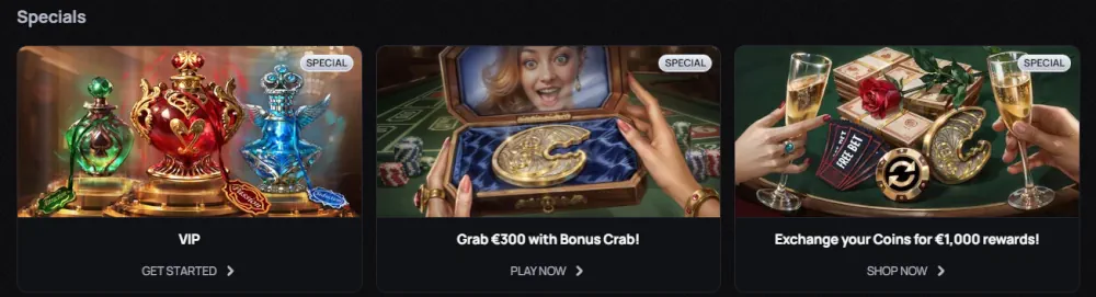 Sección de especiales de Casinova con programa VIP e intercambio de monedas de recompensa.